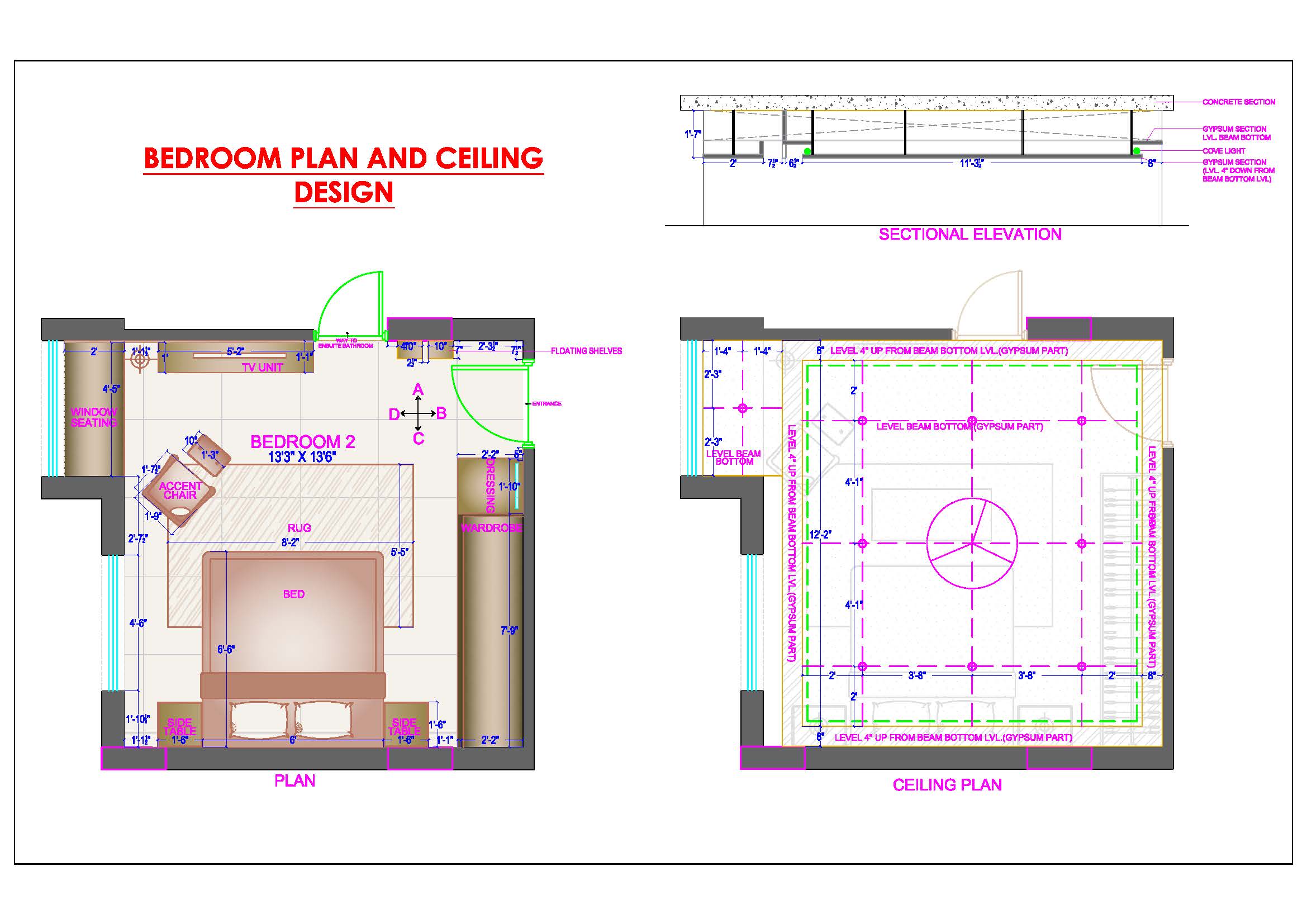 Bedroom Layout with Furniture and Ceiling Plan (14'x14')